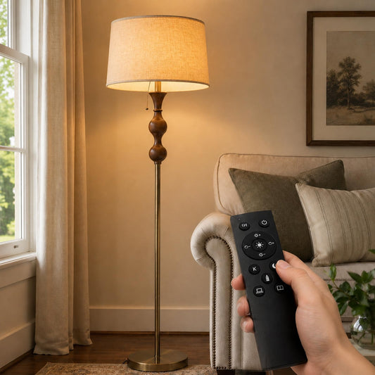 Mirwen Wood & Brushed Floor Lamp with Pull Chain Switch & Remote Control,