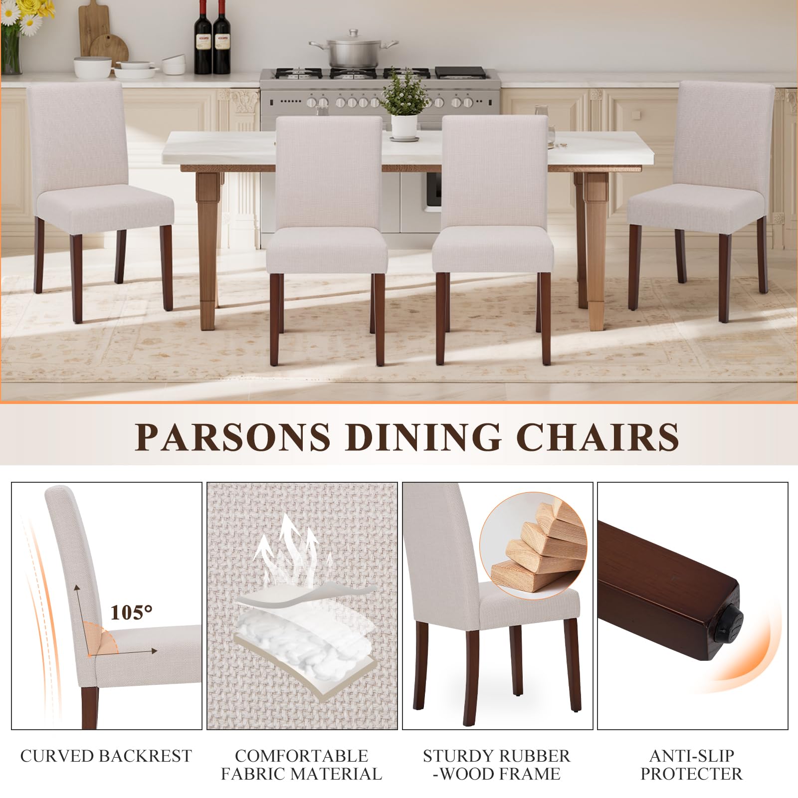 Modern Fabric Dining Chair with High Back and Wooden Legs