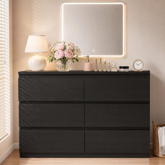 Modern 6 Drawer Dresser with Wood Storage and Anti-Tip Design