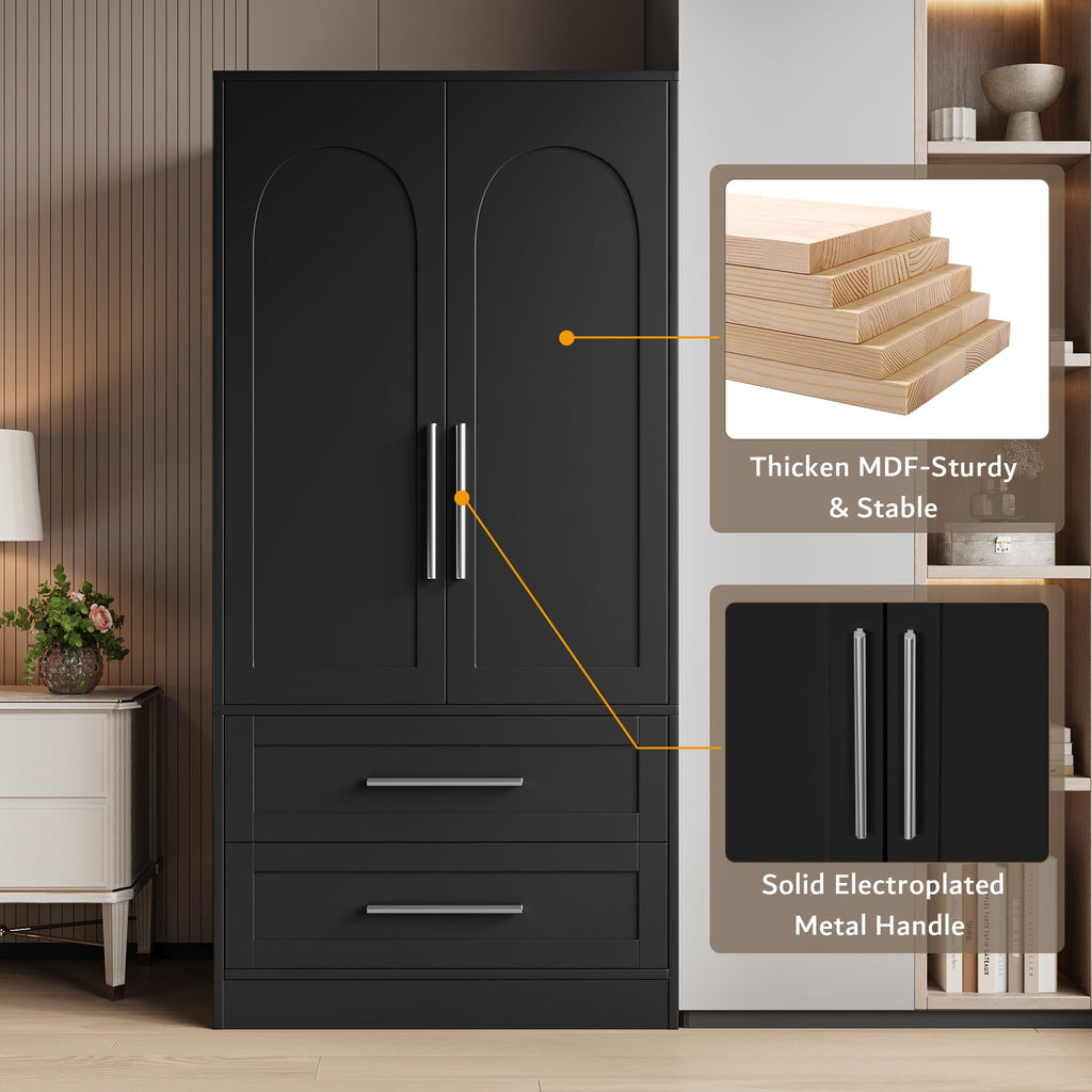 Wooden Wardrobe Armoire with Drawers, Doors and Hanging Rod