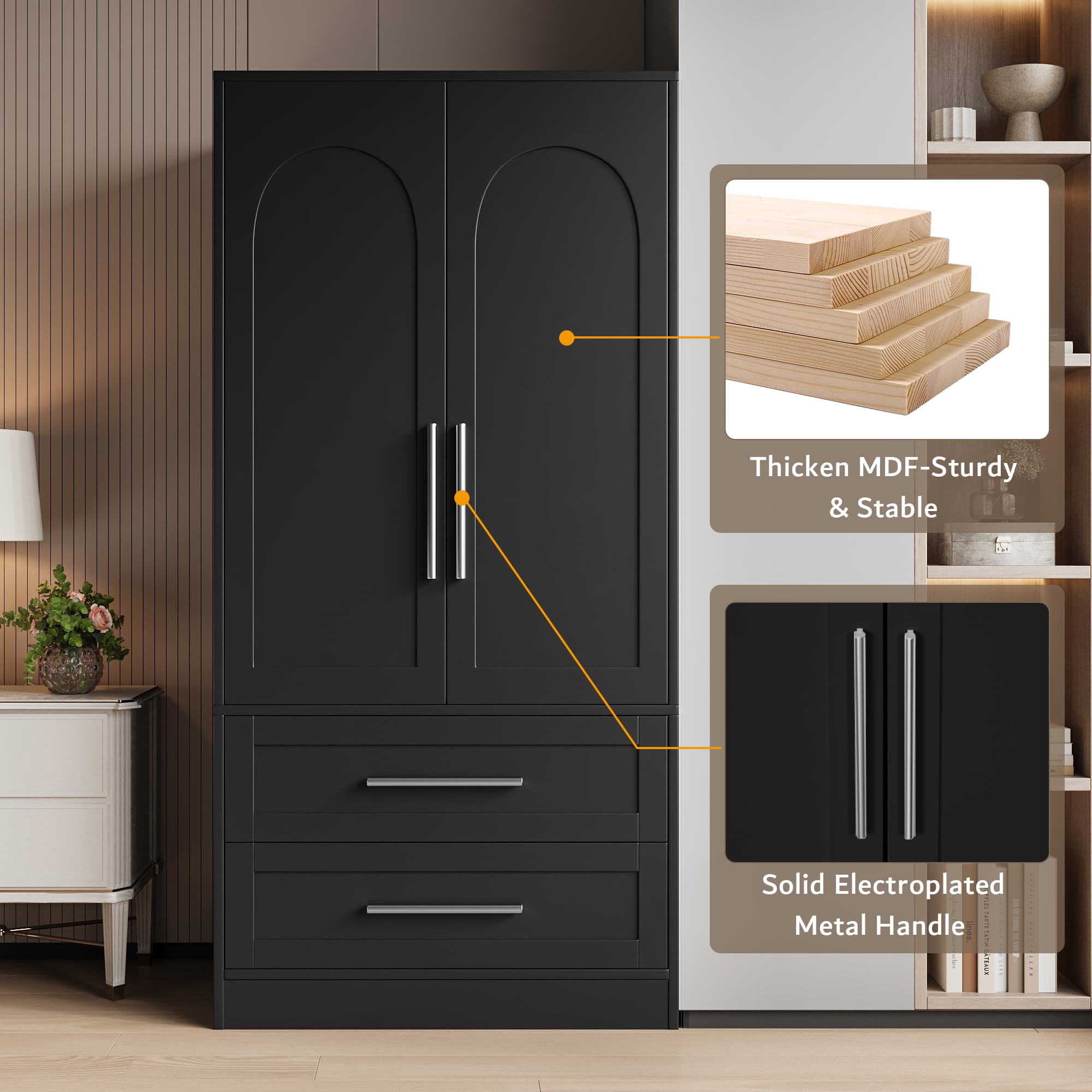 Wooden Wardrobe Armoire with Drawers, Doors and Hanging Rod