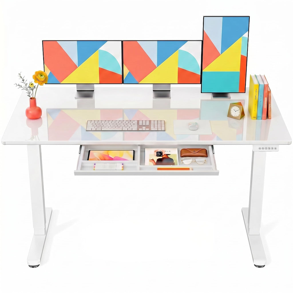 Glass Top Electric Standing Desk with Drawer and Height Adjustment