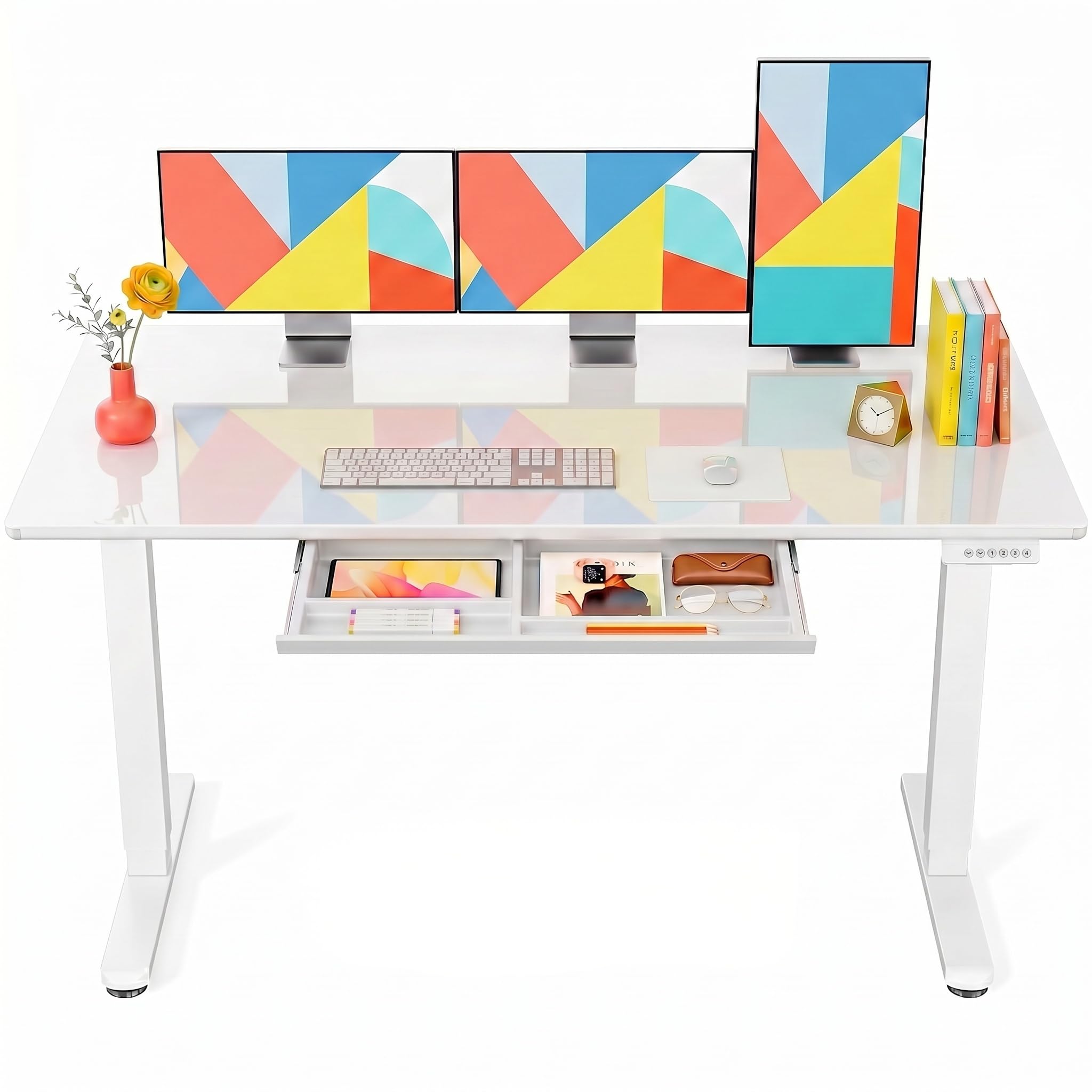Glass Top Electric Standing Desk with Drawer and Height Adjustment