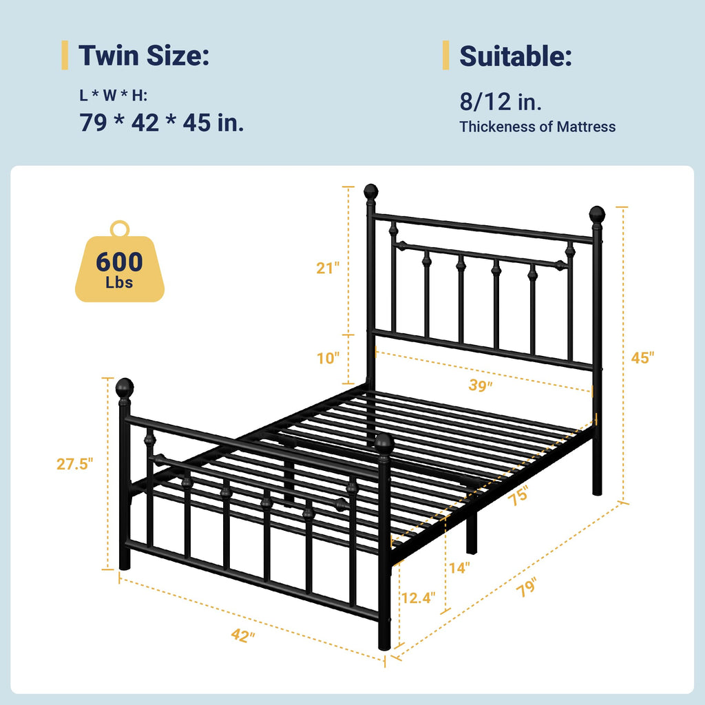Allewie 14'' Metal Platform Bed Frame, Vintage Headboard