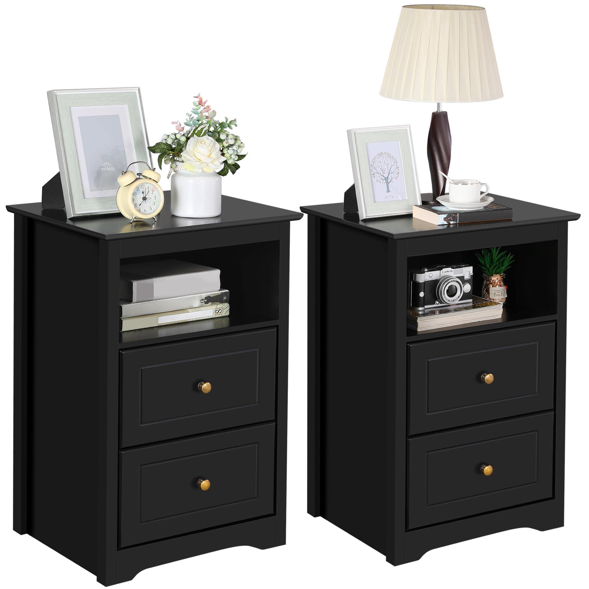 Wooden Nightstand with 2 Drawers and Open Storage Cubby