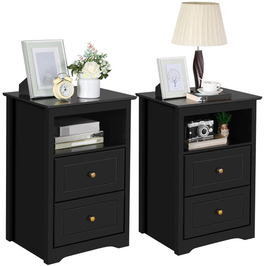Wooden Nightstand with 2 Drawers and Open Storage Cubby
