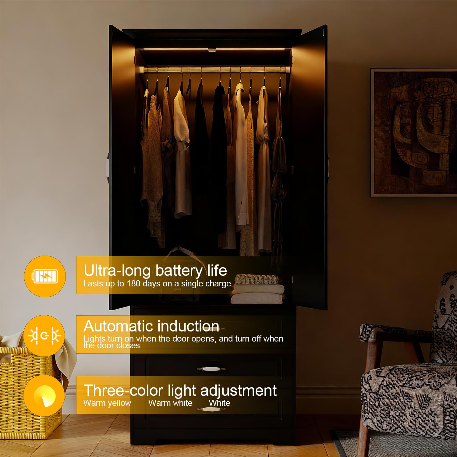 Modern Wardrobe Armoire with 3 Drawers, LED Light and Hanging Rod