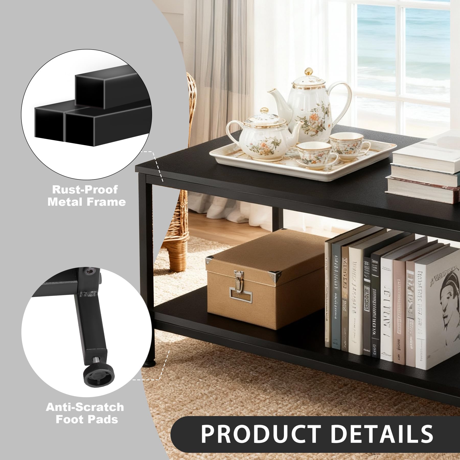 Industrial Coffee Table with Storage Shelf and 2-Tier Design