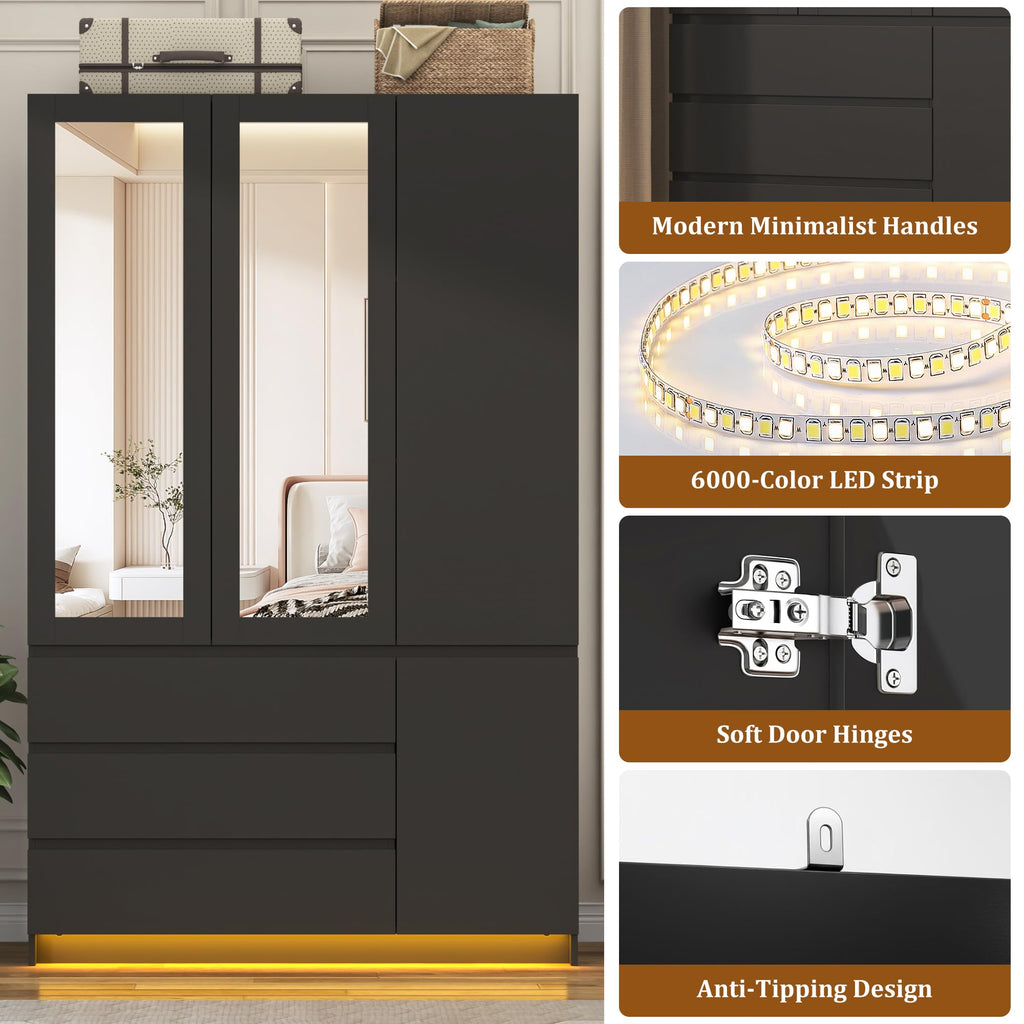 3 Door Wardrobe Armoire with Mirror, Drawers and Hanging Rod