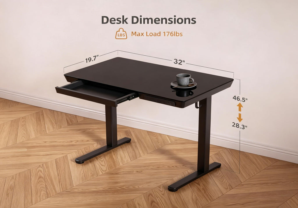 Small Glass Standing Desk with Drawer and USB Charging Ports
