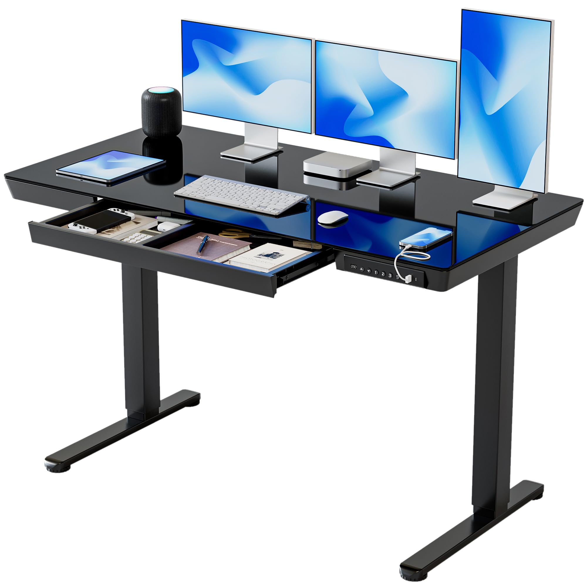 BANTI Electric Standing Desk with Drawers, 48 inch Whole-Piece Glass Desktop