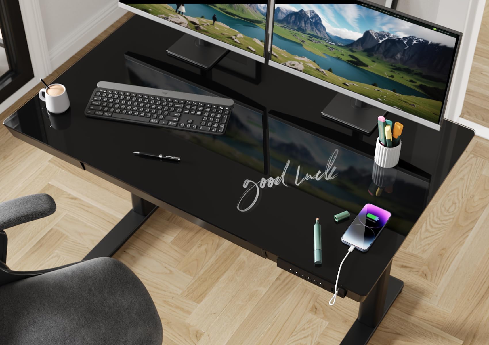Small Glass Standing Desk with Drawer and USB Charging Ports