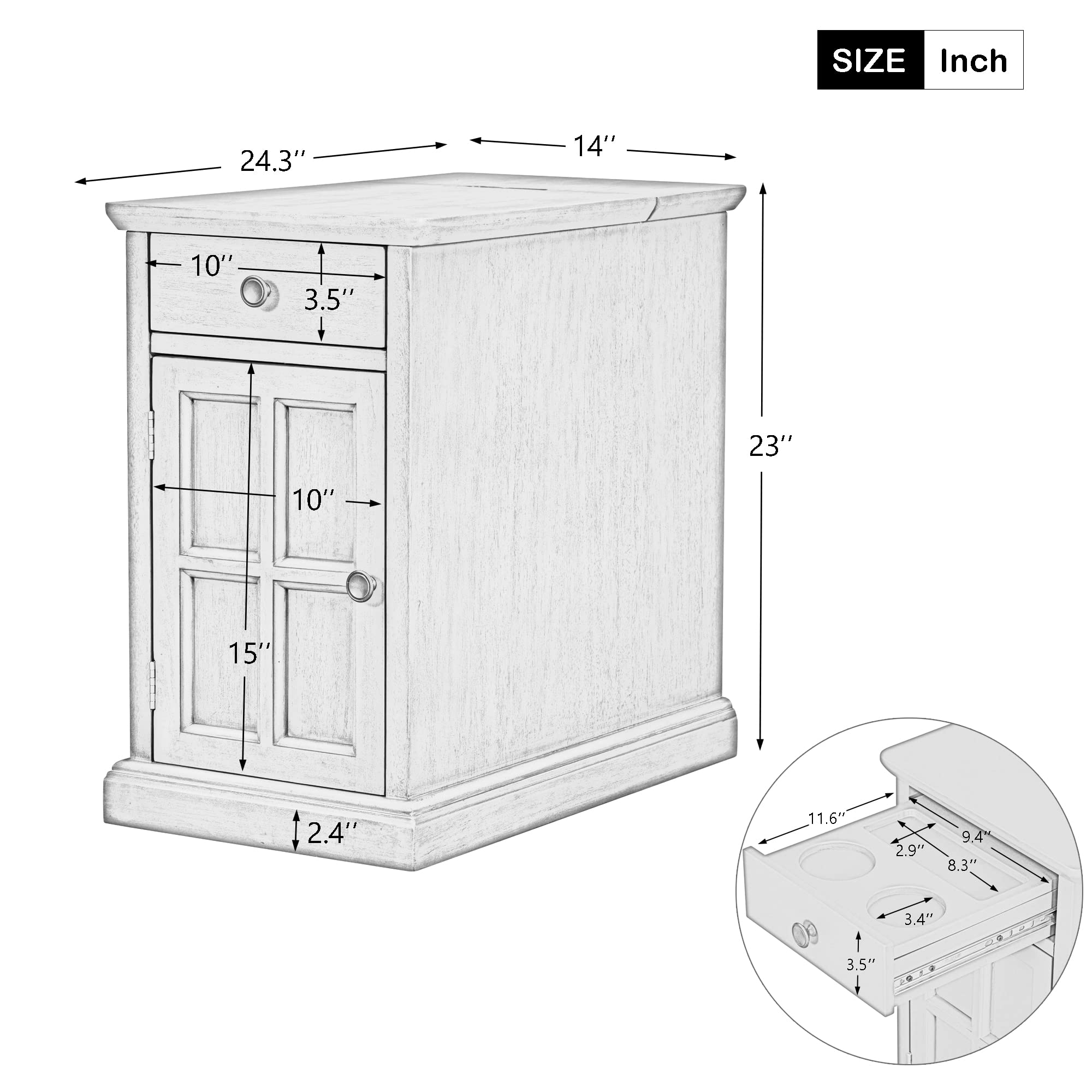 Traditional Wood End Table with Charging Station and Storage Drawer