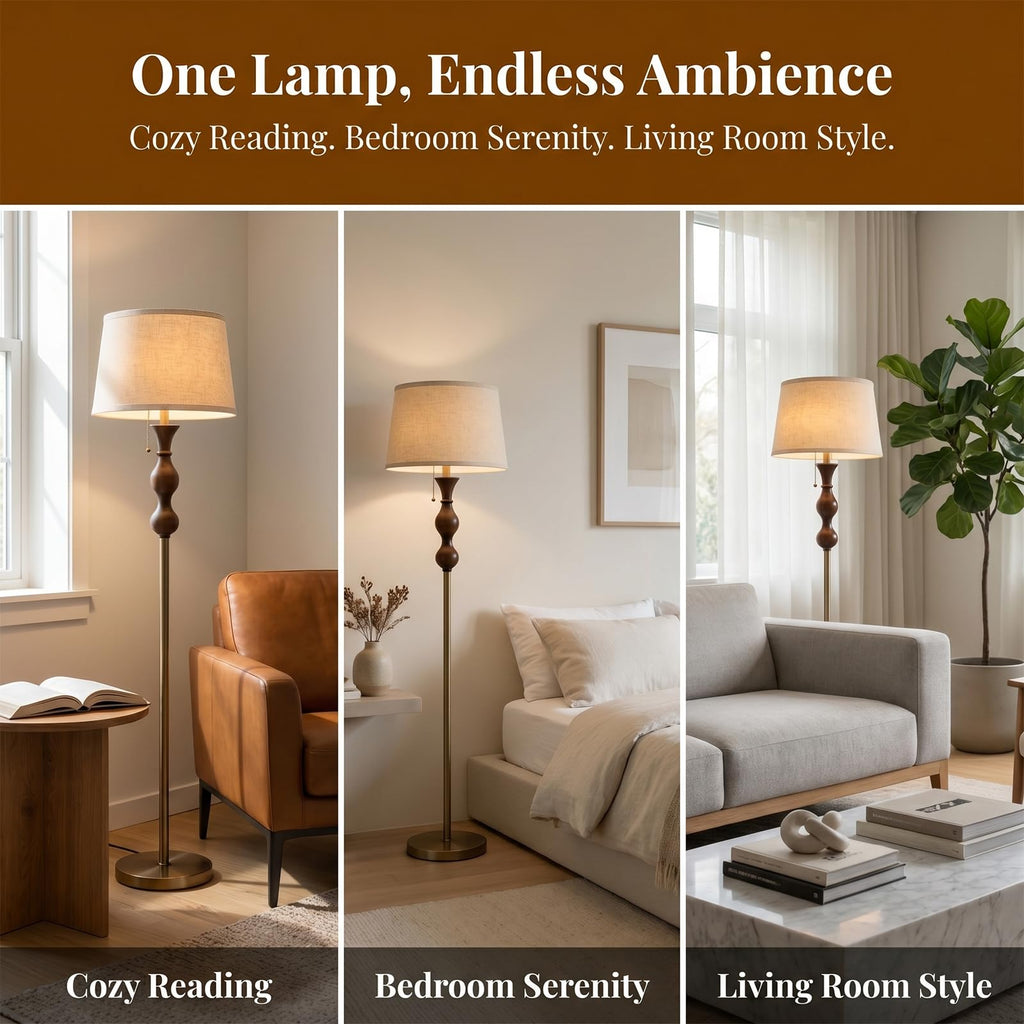 Mirwen Wood & Brushed Floor Lamp with Pull Chain Switch & Remote Control,