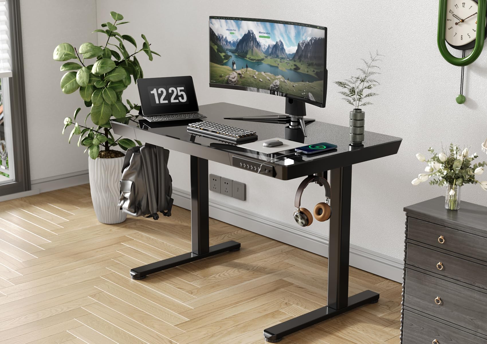 Small Glass Standing Desk with Drawer and USB Charging Ports