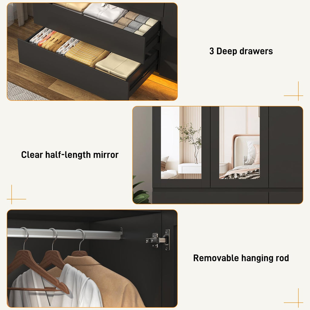 3 Door Wardrobe Armoire with Mirror, Drawers and Hanging Rod