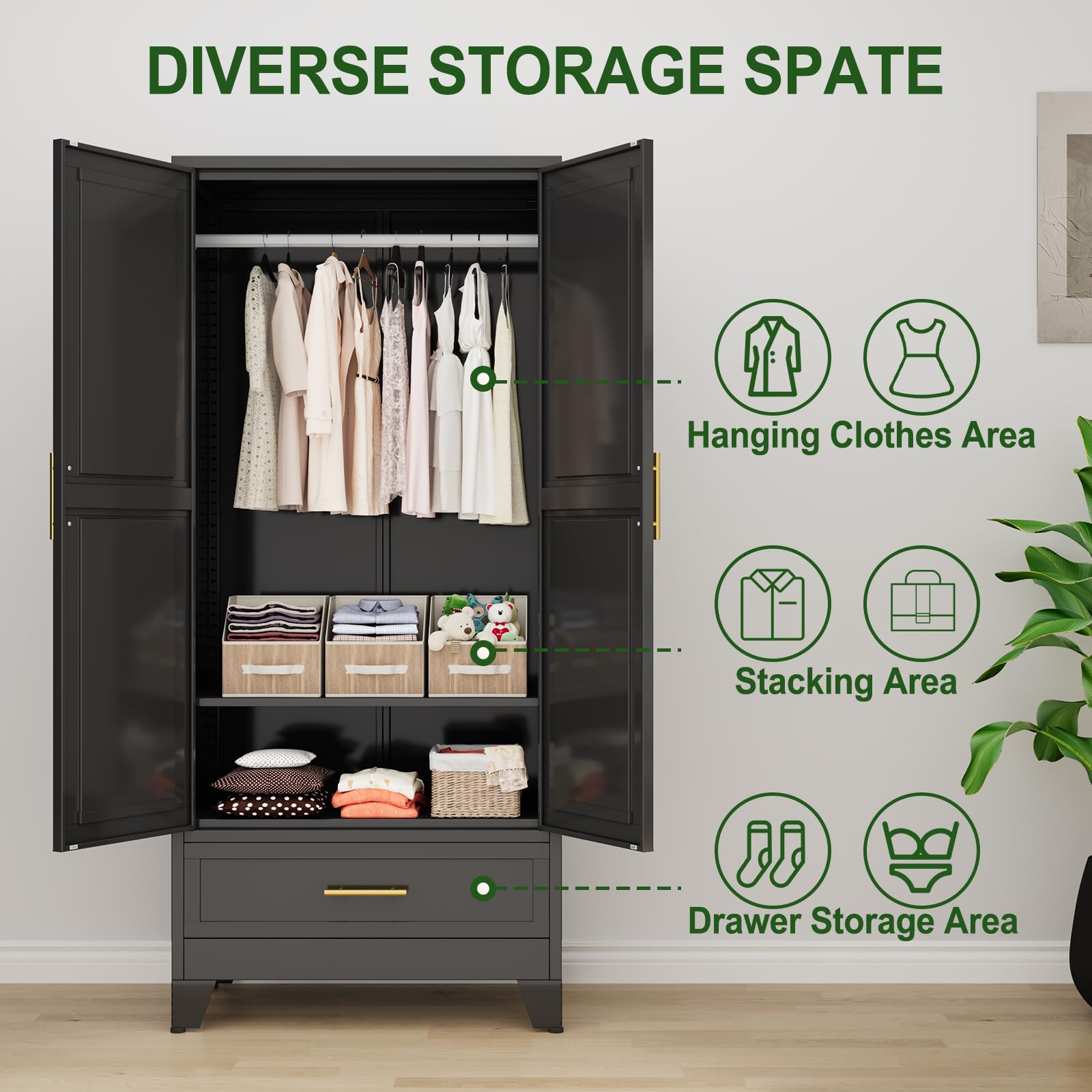 Metal Armoire Wardrobe with Adjustable Shelves and Hanging Rod