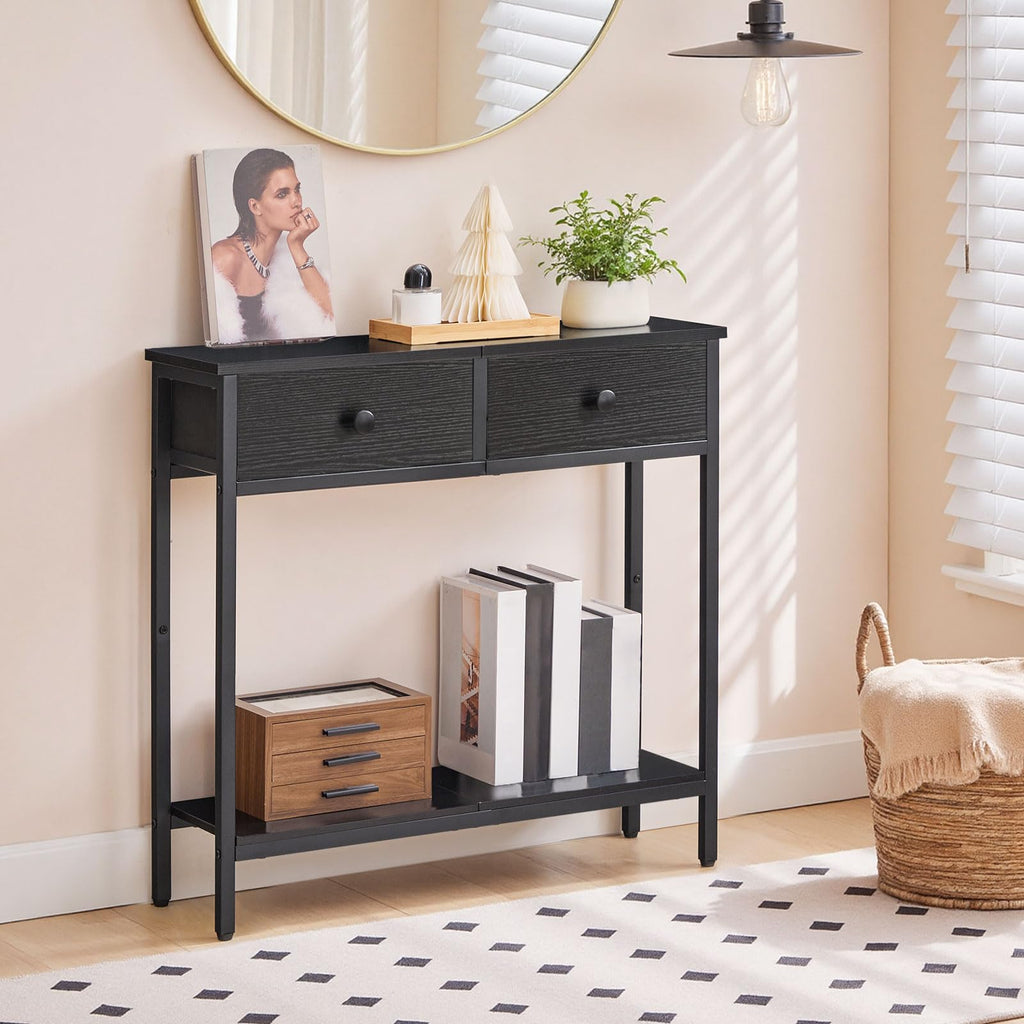 Narrow Console Table with Storage Drawers and Two Tier Shelves