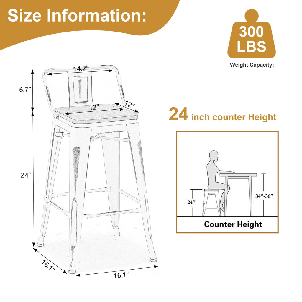 Industrial Metal Bar Stools with Wooden Seats and Footrest