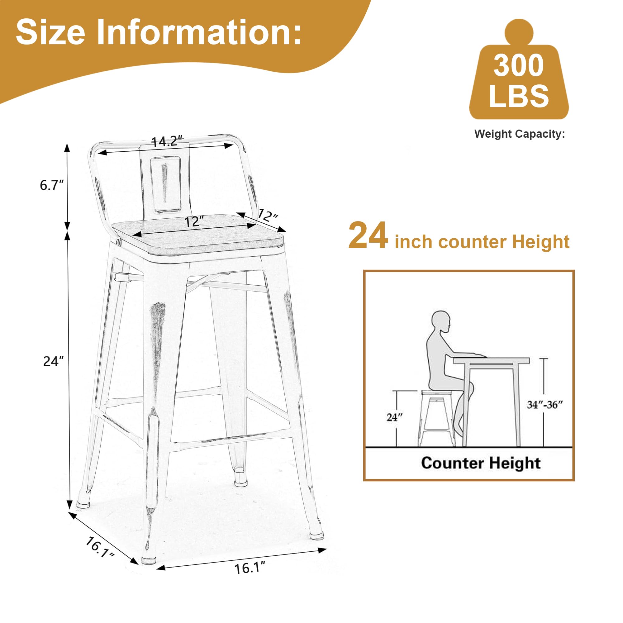 Industrial Metal Bar Stools with Wooden Seats and Footrest