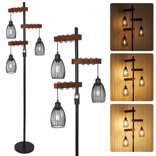 Vintage Wood Floor Lamp with Three Lights and Dimmable Design