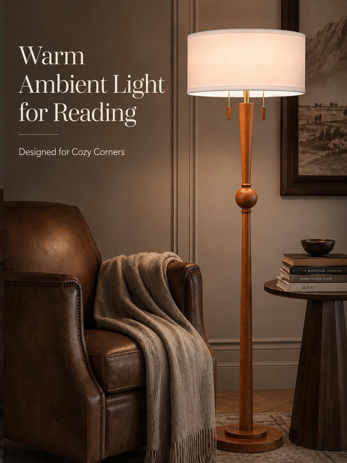Solid Oak Wood Floor Lamp with Linen Shade and Sculptural Base