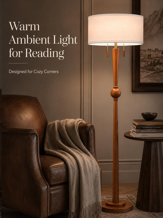 Solid Oak Wood Floor Lamp with Linen Shade and Sculptural Base