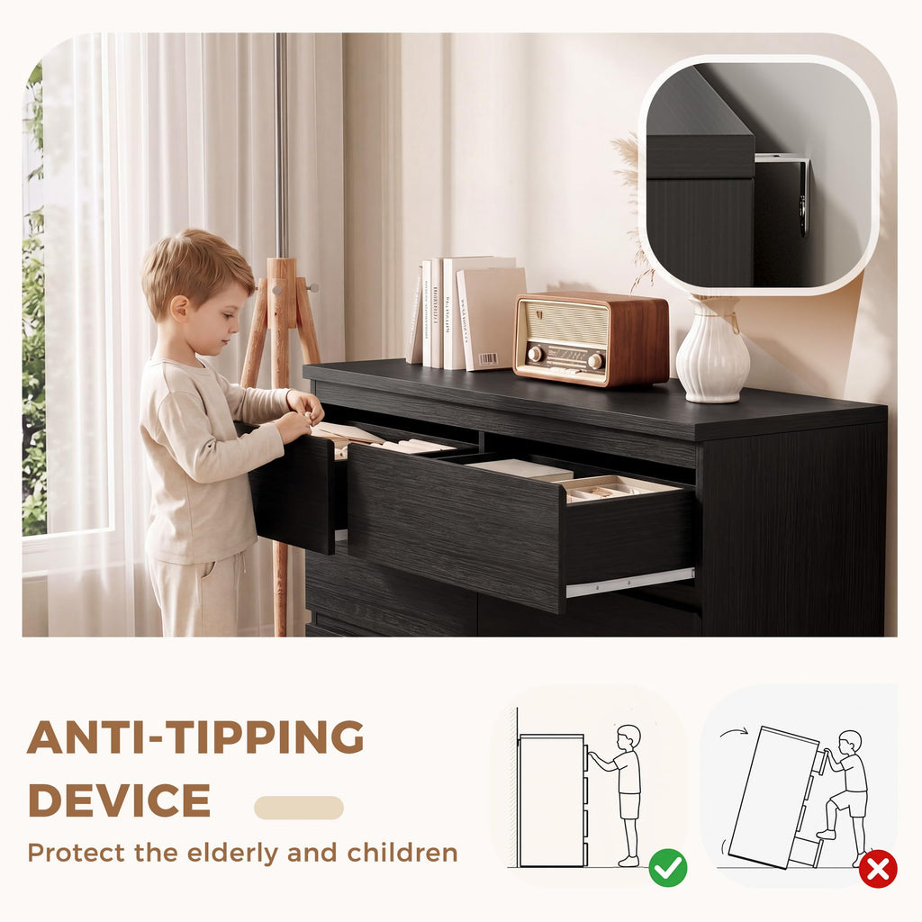Modern 6 Drawer Dresser with Wood Storage and Anti-Tip Design