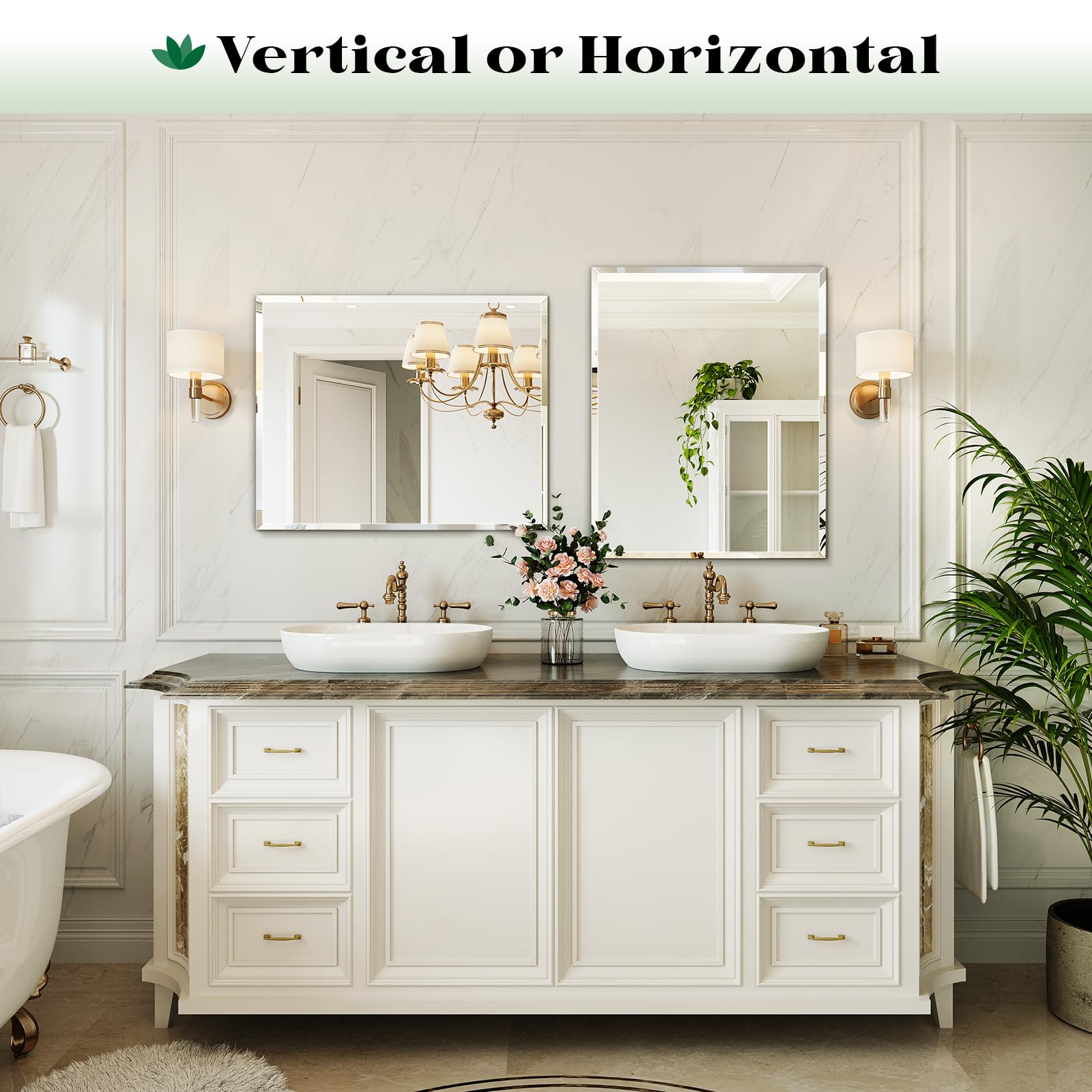 Frameless Beveled Wall Mirror with Horizontal and Vertical Mounting