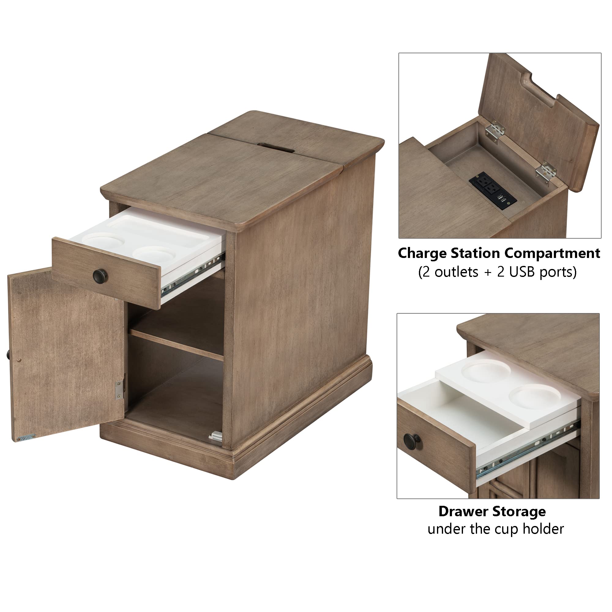 Traditional Wood End Table with Charging Station and Storage Drawer