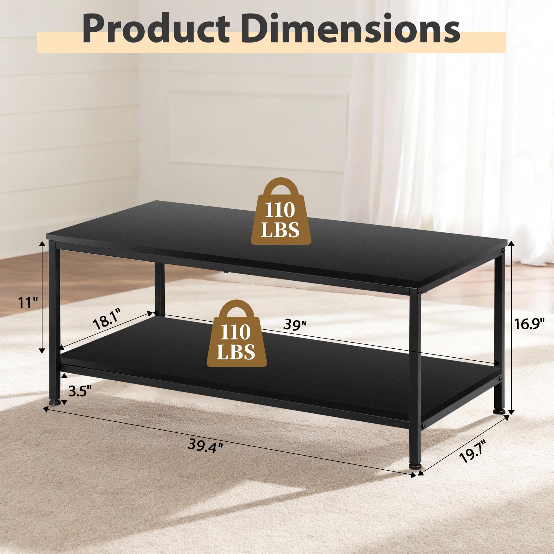 Industrial Coffee Table with Storage Shelf and 2-Tier Design