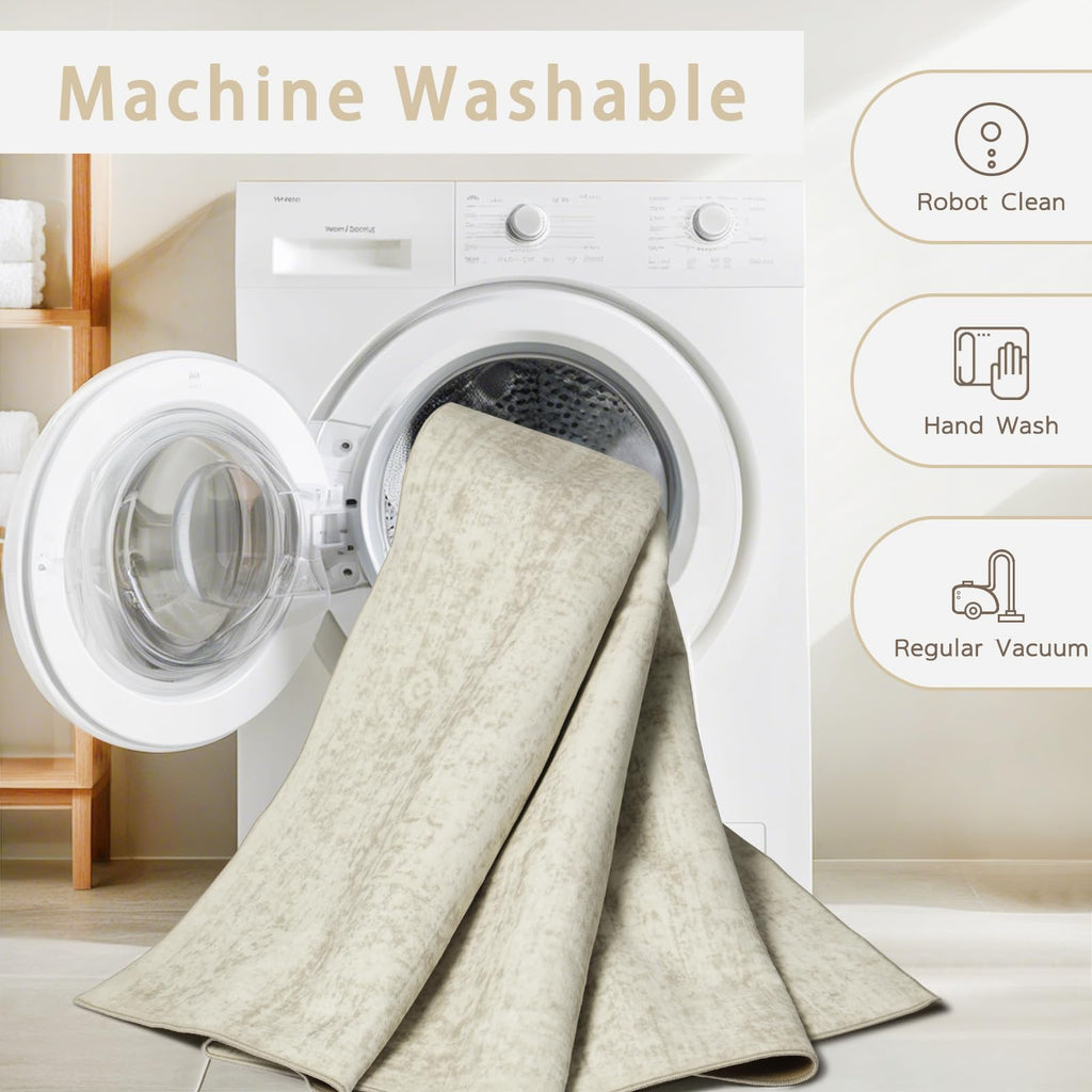 Machine Washable Faux Wool Area Rug with Retro Design and Non Slip Backing