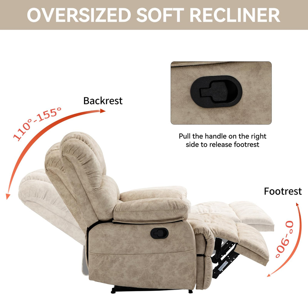 Oversized Fabric Recliner Chair with Adjustable Backrest and Wide Seat