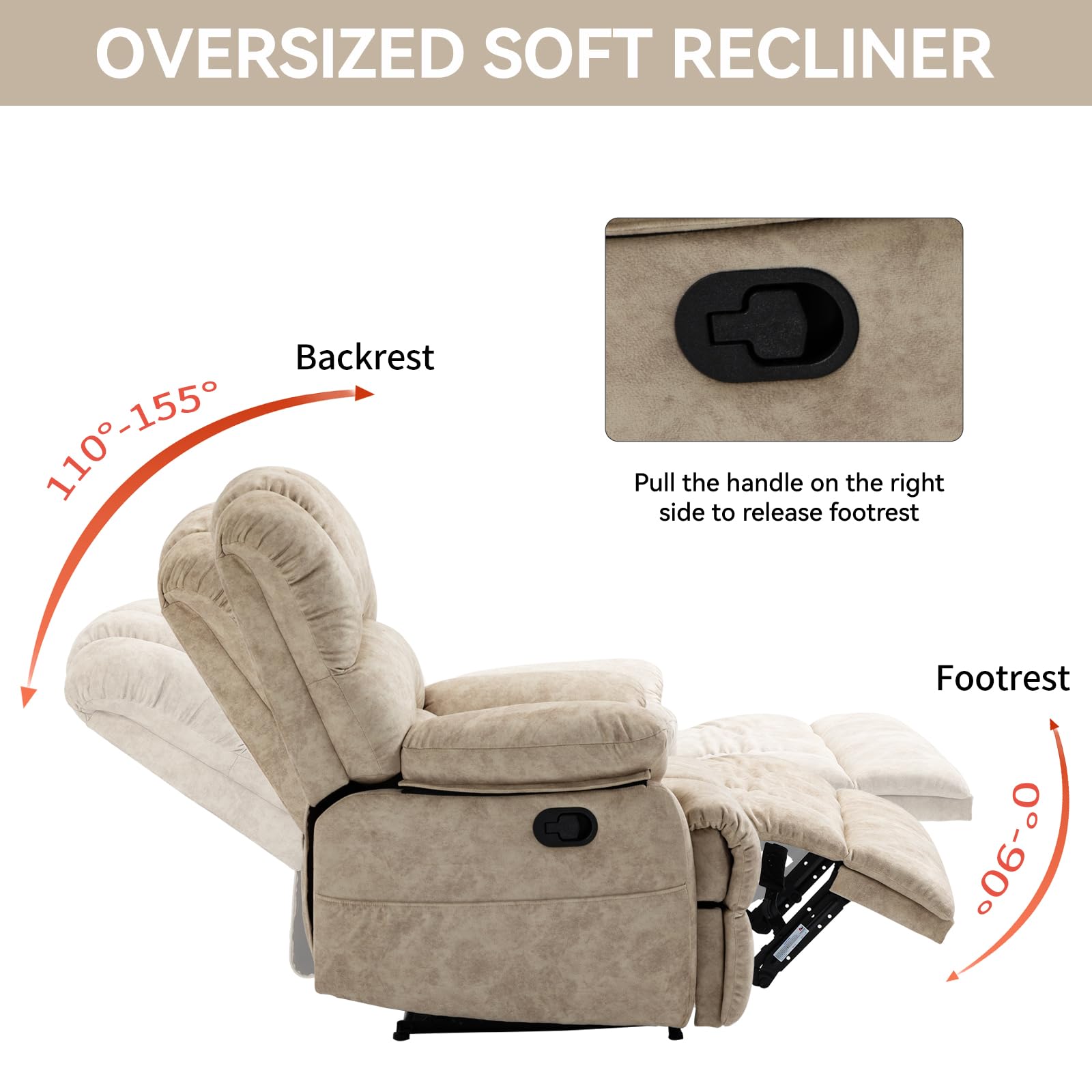 Oversized Fabric Recliner Chair with Adjustable Backrest and Wide Seat