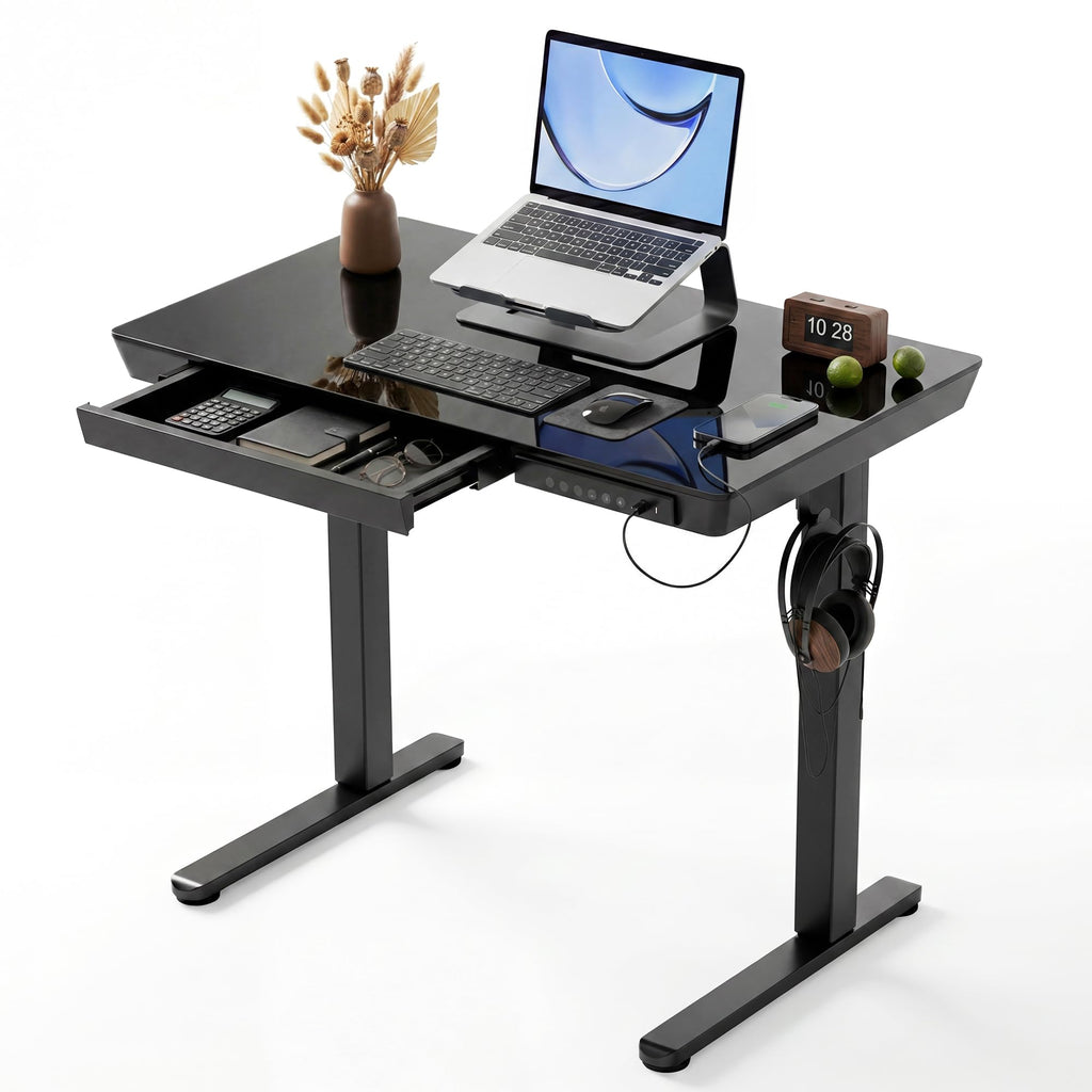 Small Glass Standing Desk with Drawer and USB Charging Ports