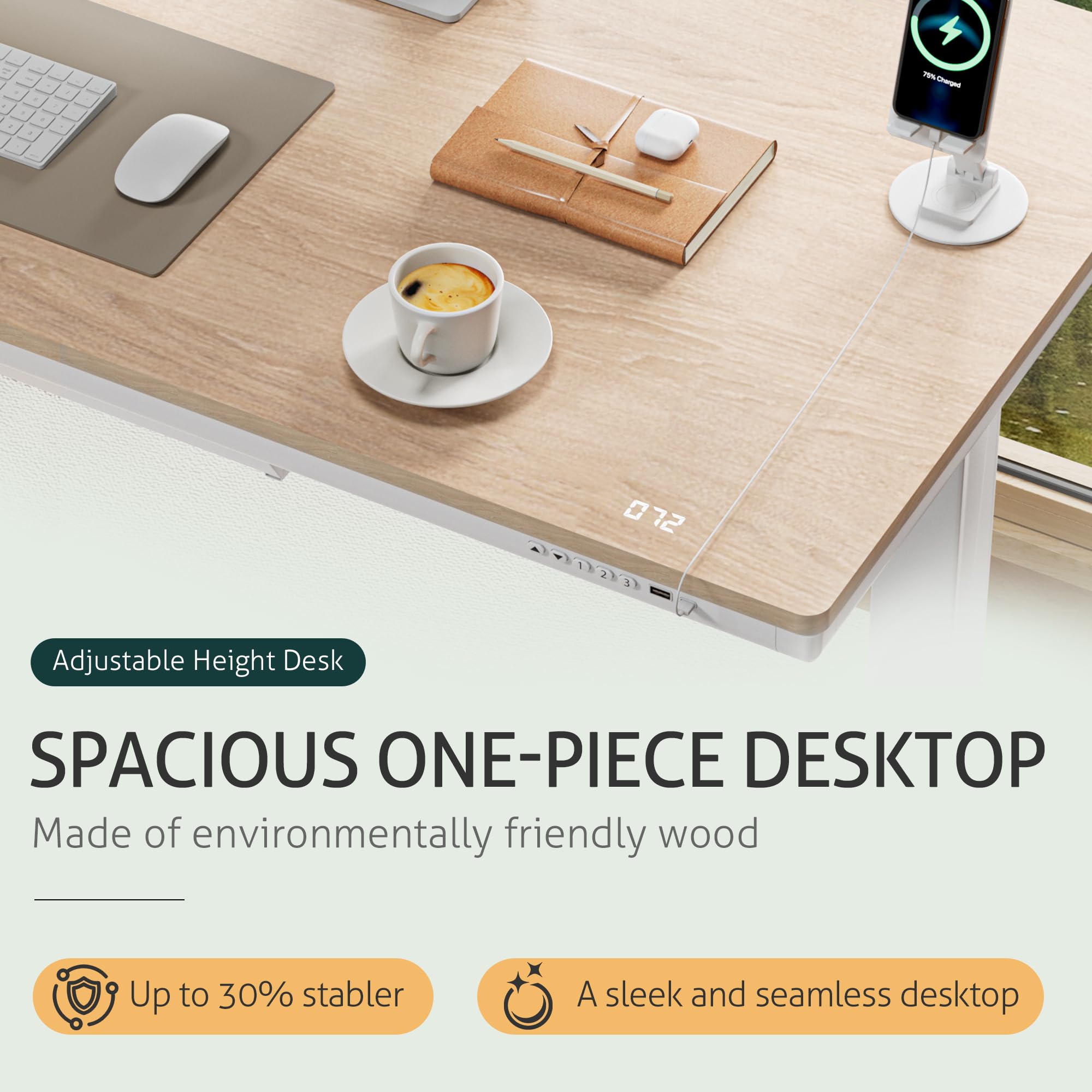 Electric Adjustable Standing Desk with Glass Top and USB Charging Port