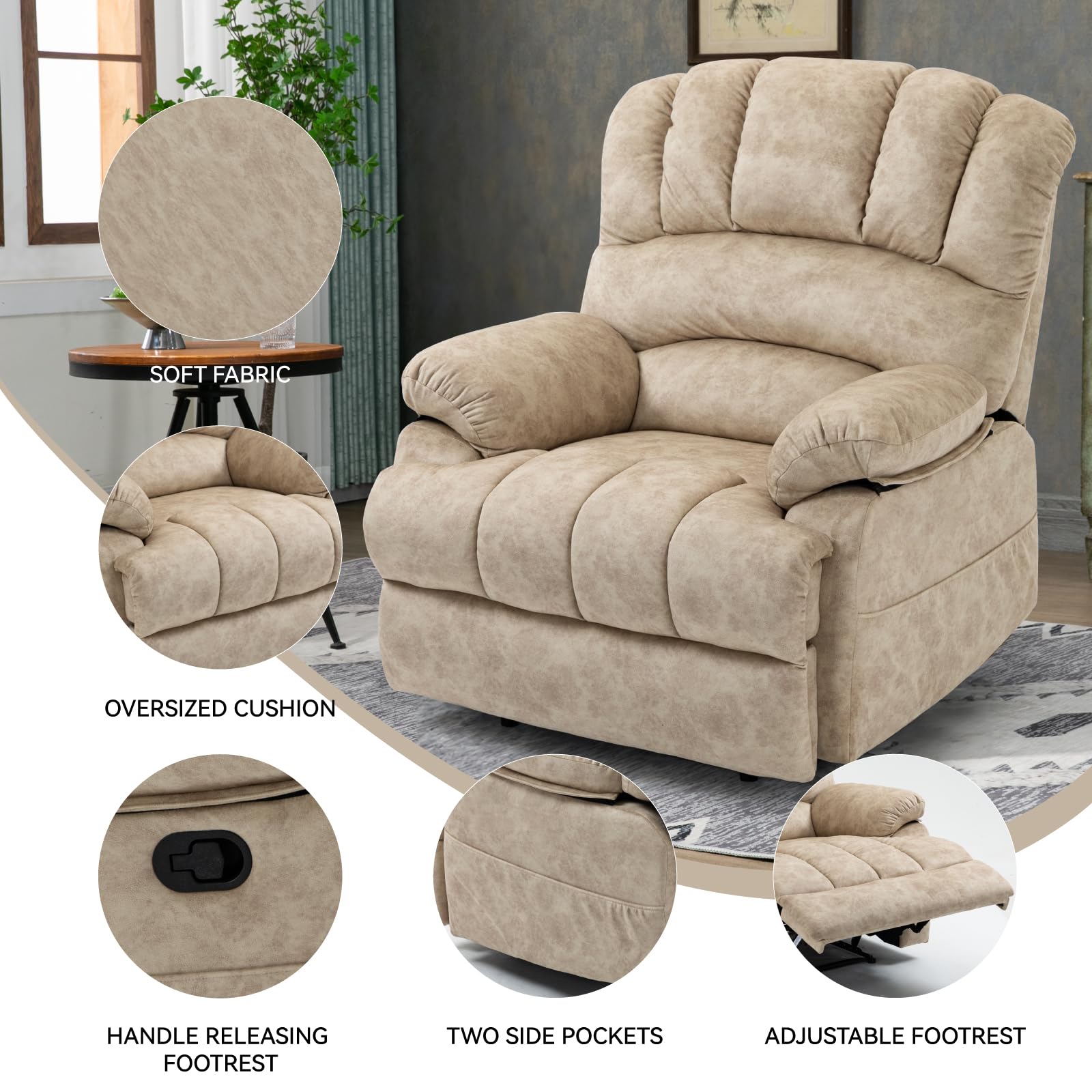 Oversized Fabric Recliner Chair with Adjustable Backrest and Wide Seat