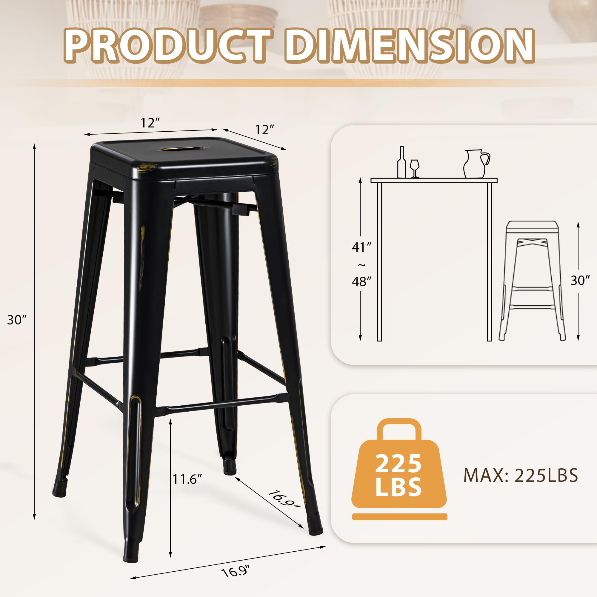30 Inch Metal Bar Stools with Industrial Design and Footrest