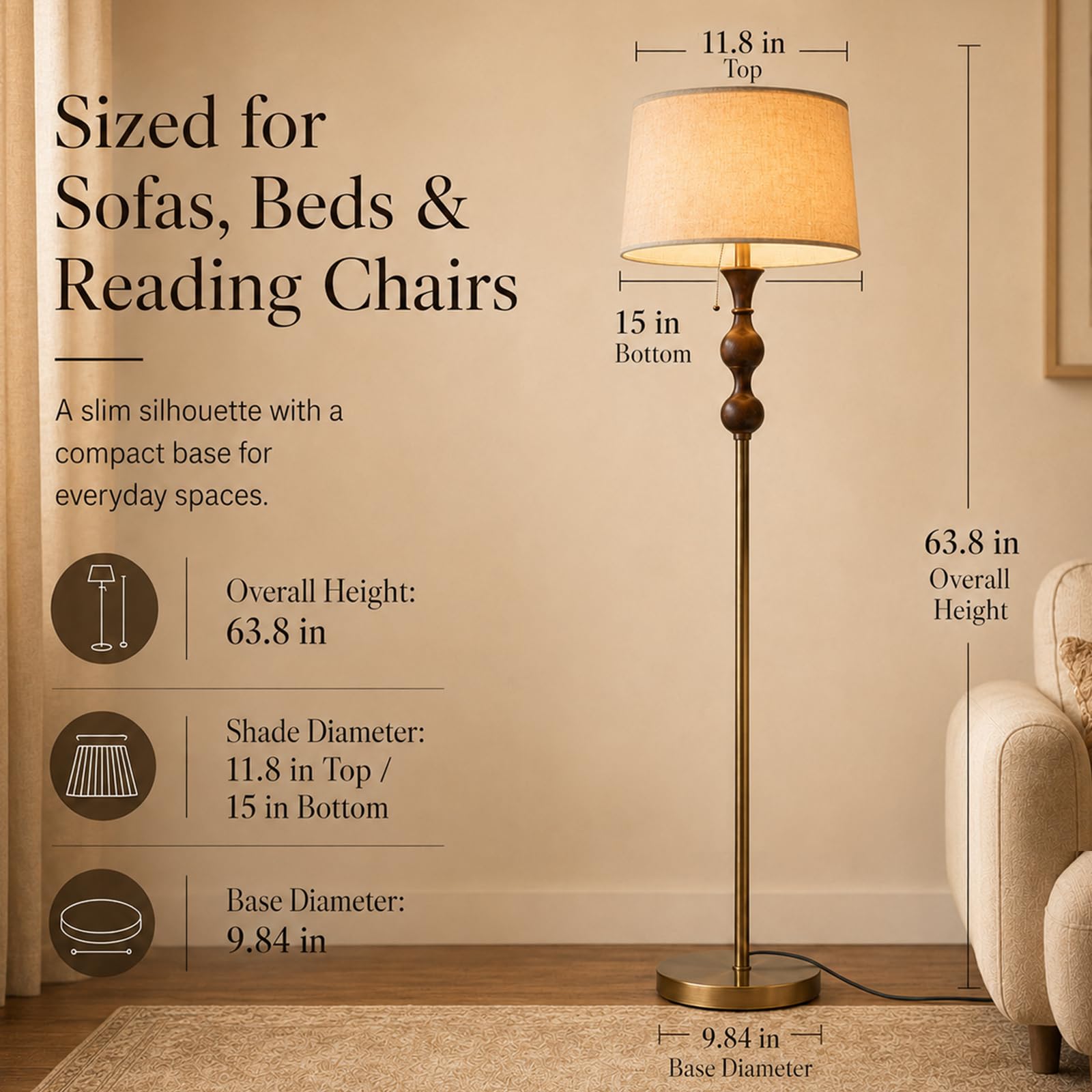Mirwen Wood & Brushed Floor Lamp with Pull Chain Switch & Remote Control,