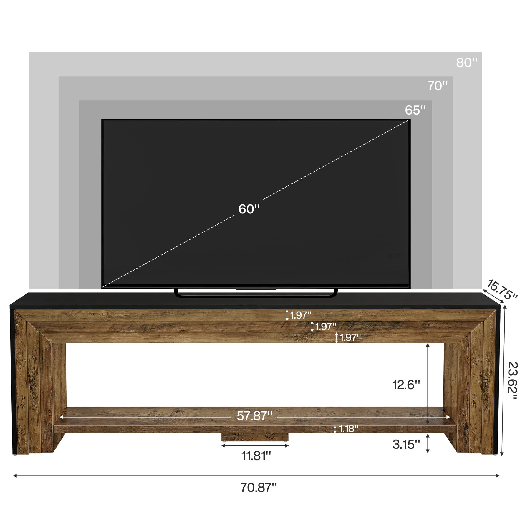 70" Farmhouse TV Stand with Open Storage Shelves and Media Console
