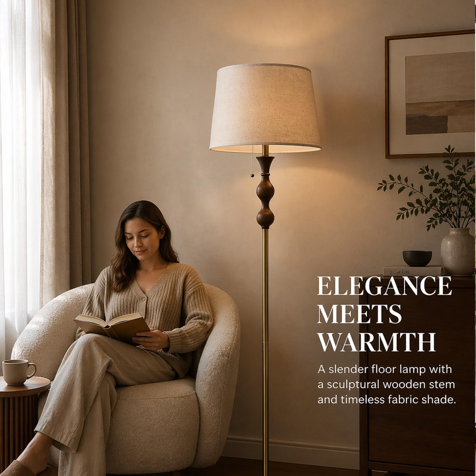 Mirwen Wood & Brushed Floor Lamp with Pull Chain Switch & Remote Control,