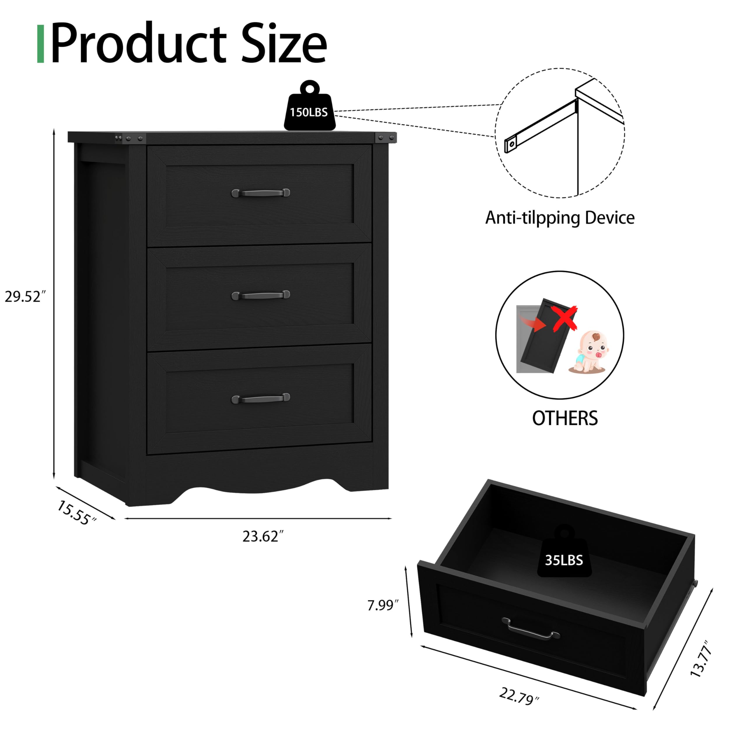 Xixini Nightstand with 3 Drawers