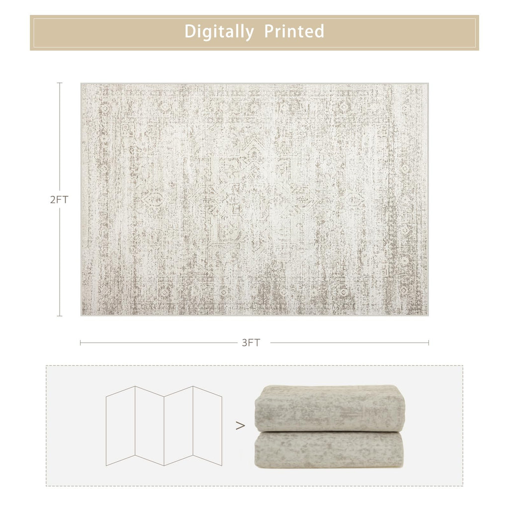 Machine Washable Faux Wool Area Rug with Retro Design and Non Slip Backing