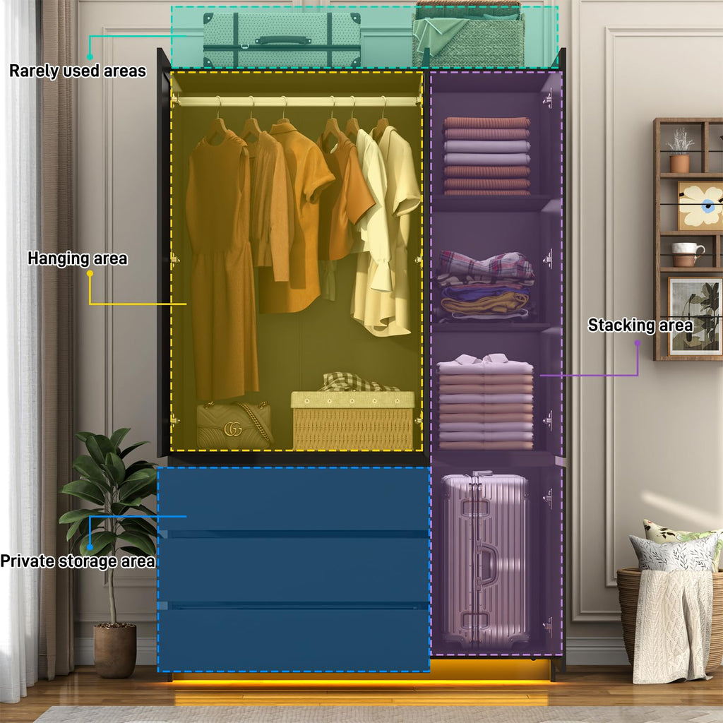 3 Door Wardrobe Armoire with Mirror, Drawers and Hanging Rod