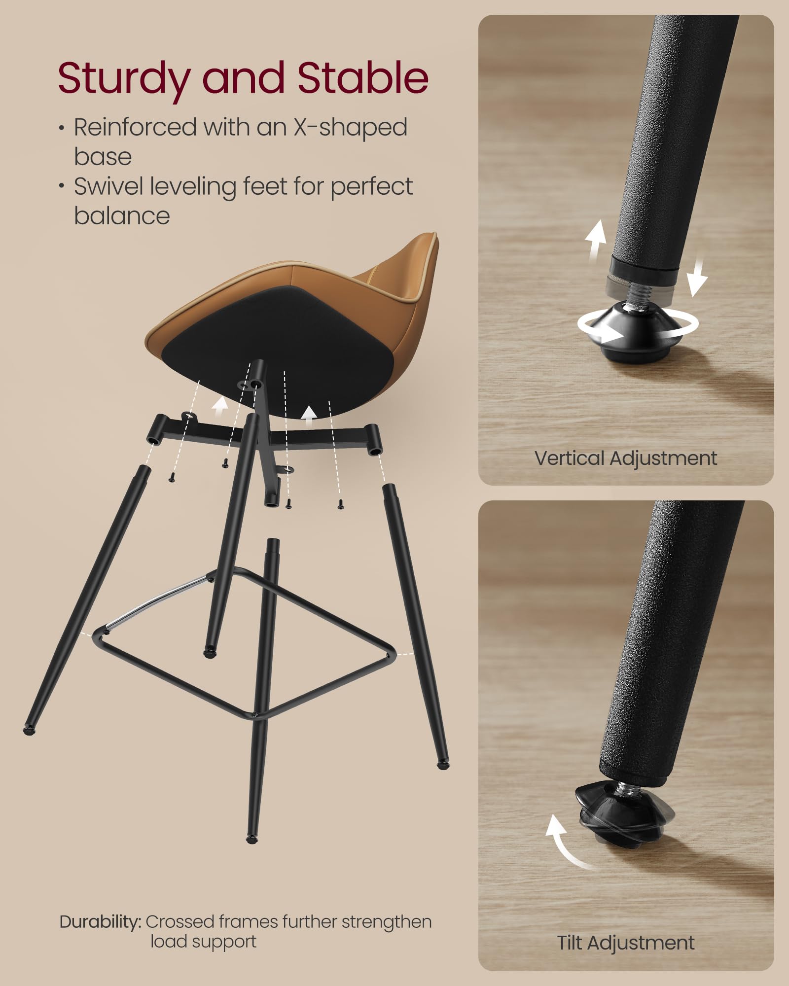 VASAGLE Bar Stools, Bar Height Bar Stools with Back, Ergonomic Backrest