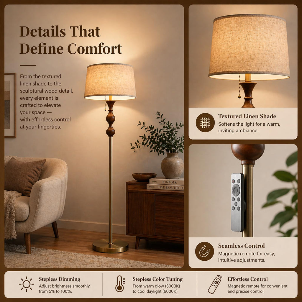 Mirwen Wood & Brushed Floor Lamp with Pull Chain Switch & Remote Control,