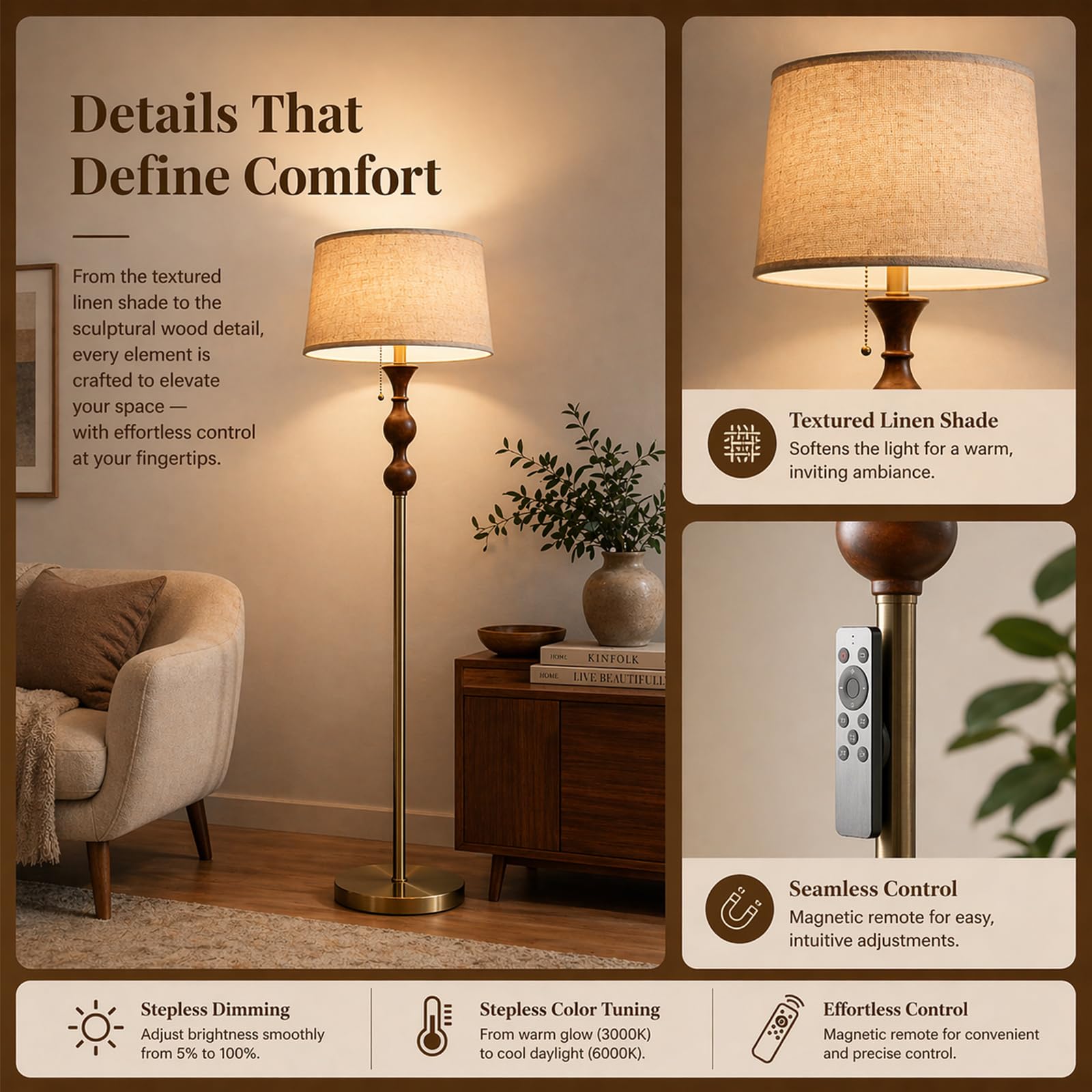 Mirwen Wood & Brushed Floor Lamp with Pull Chain Switch & Remote Control,