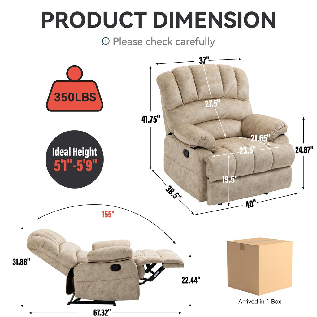 Oversized Fabric Recliner Chair with Adjustable Backrest and Wide Seat