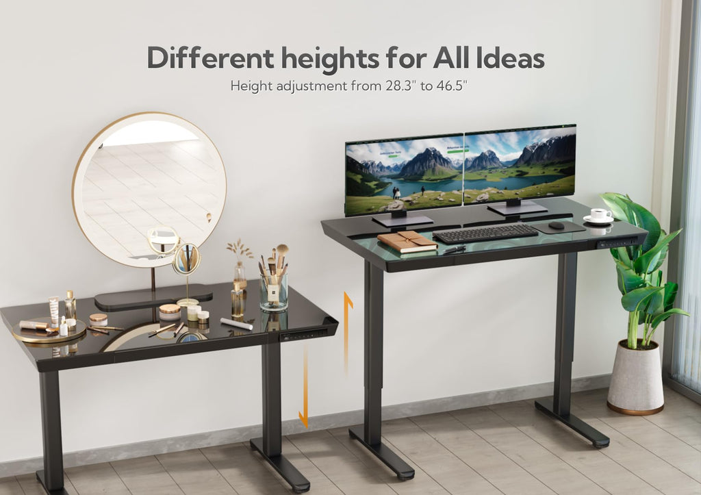 Small Glass Standing Desk with Drawer and USB Charging Ports