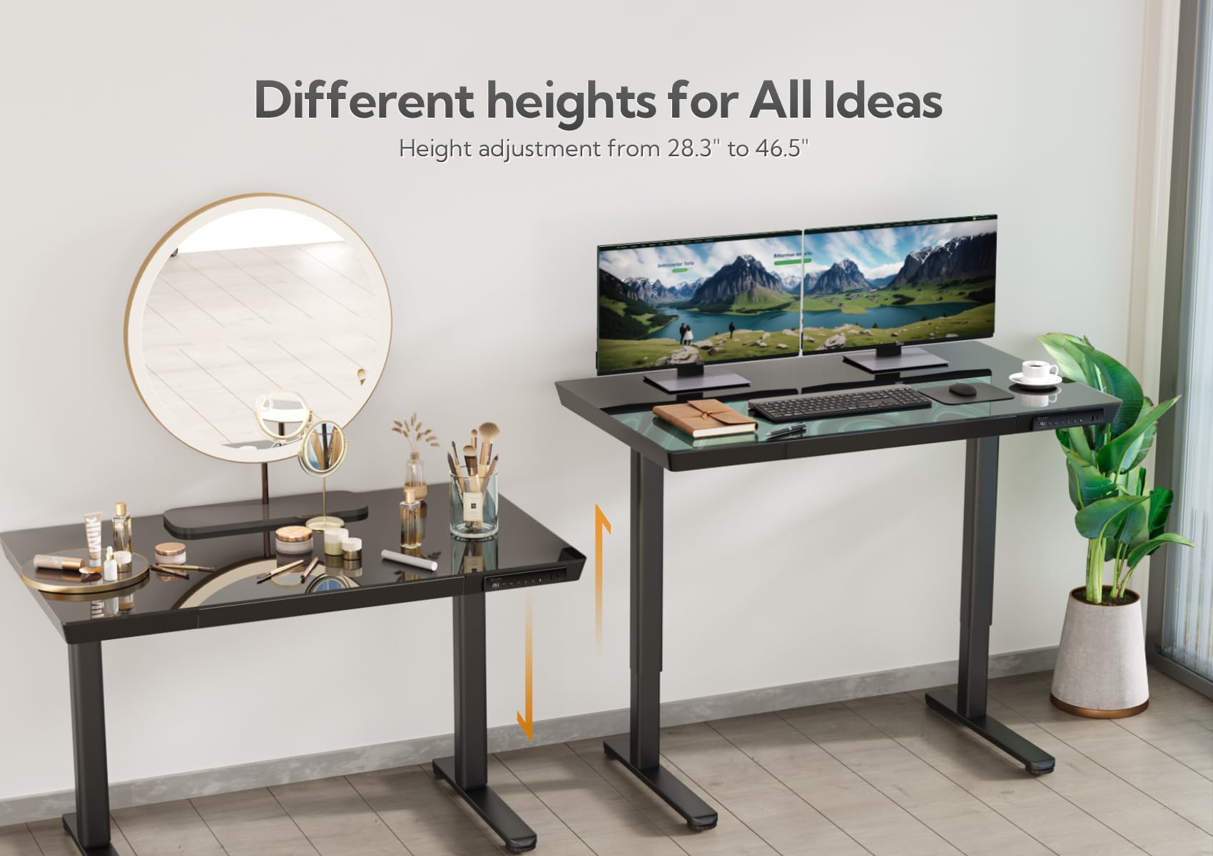 Small Glass Standing Desk with Drawer and USB Charging Ports